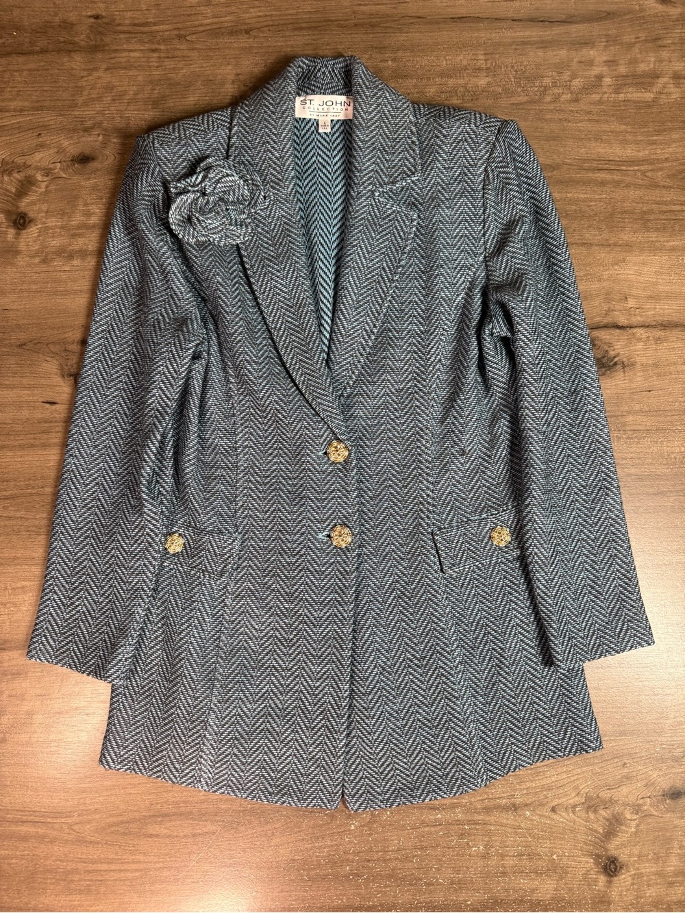 Vintage St John Collection Marie Gray Blazer 6 Herringbone Knit Gold Buttons USA